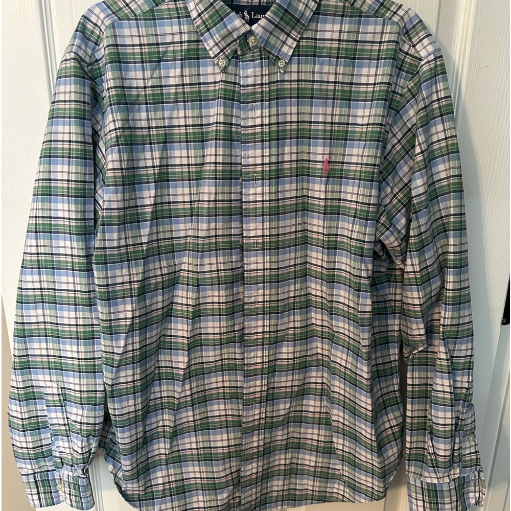 - Ralph Lauren Green Plaid Pink Pony Polo button up Shirt L